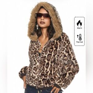 Romwe Medium Fur leopard zip up jacket w hood Gyaru / Y2K inspo